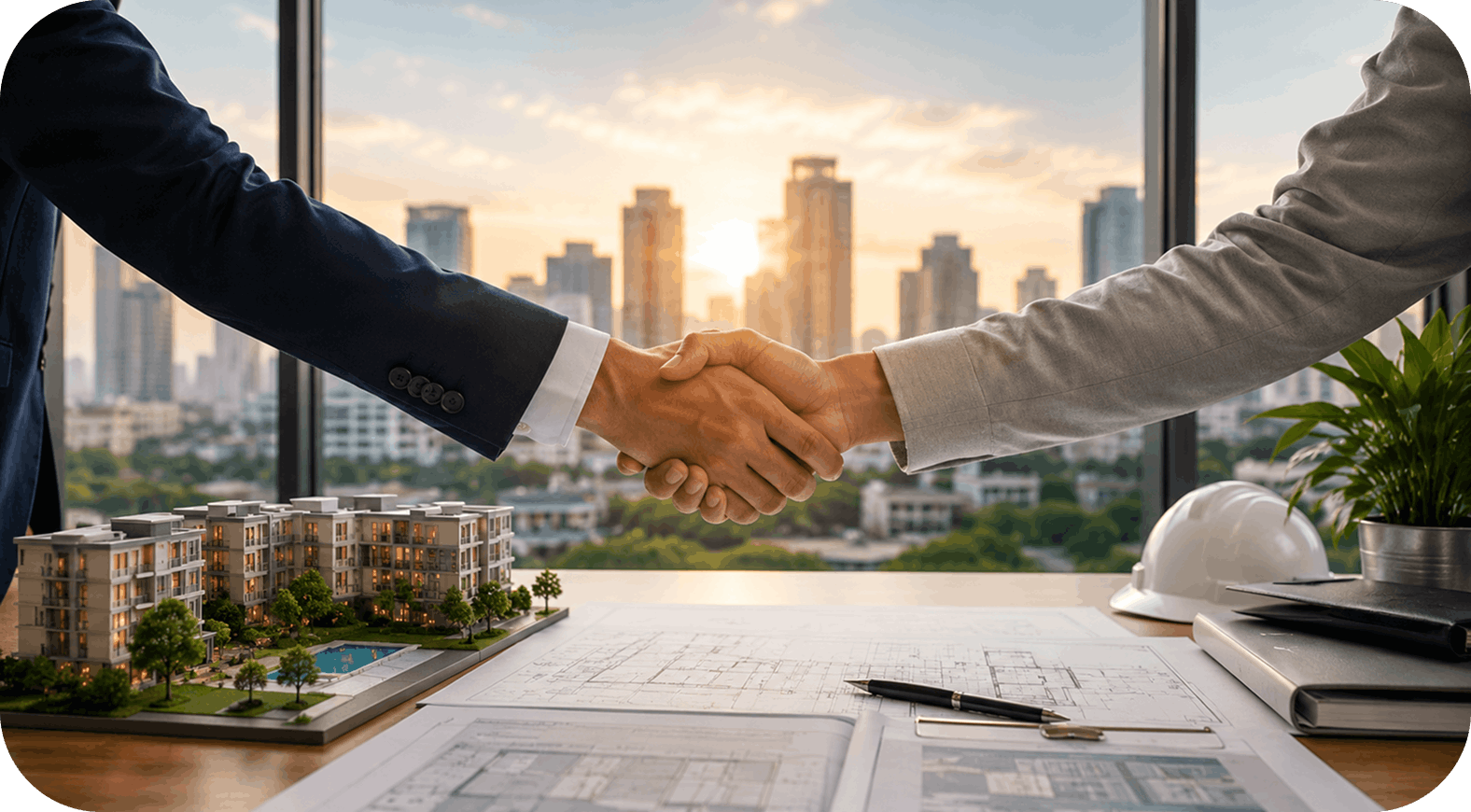 Business partners shaking hands beside architectural plans